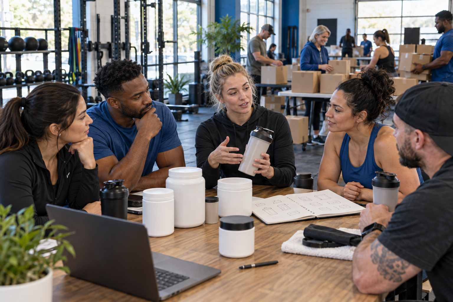 Adults collaborate around prototype nutrition containers in a community gym while volunteers prepare an event in the background.